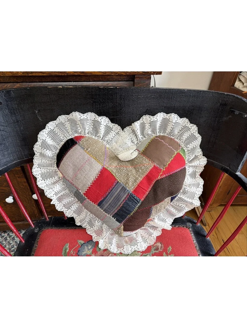 Antique 1800s Primitive Salvage Crazy Quilt Pillow Heart Wool Lace Farm Country